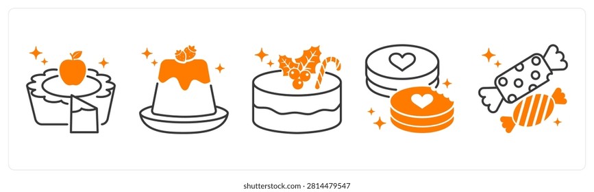 A set of 5 mix icons as apple pie, pudding, christmas cake in red color