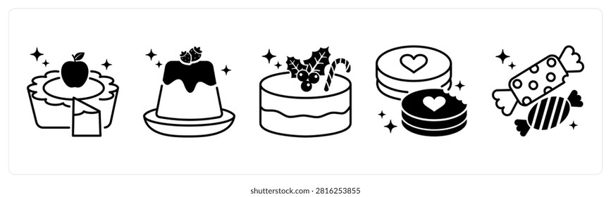 A set of 5 mix icons as apple pie, pudding, christmas cake in red color