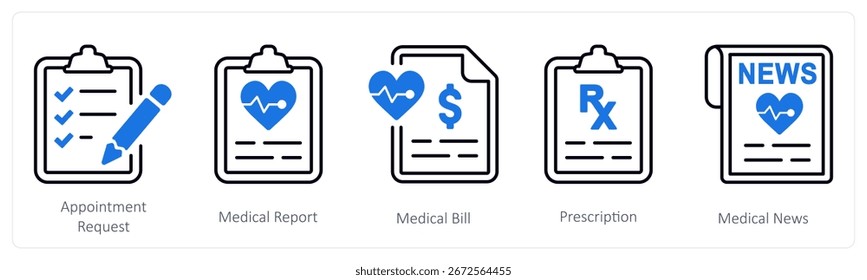 Un conjunto de 5 iconos de mezcla como solicitud de cita, informe médico, factura médica