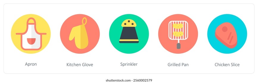 A set of 5 mix icons as apron, kitchen glove, sprinkler