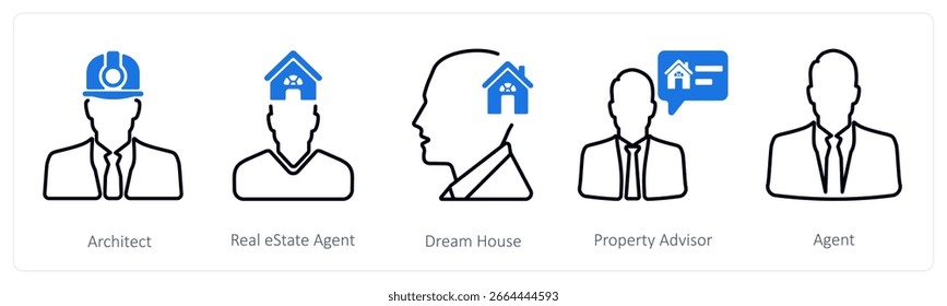 A set of 5 mix icons as architect, real estate agent, dream house