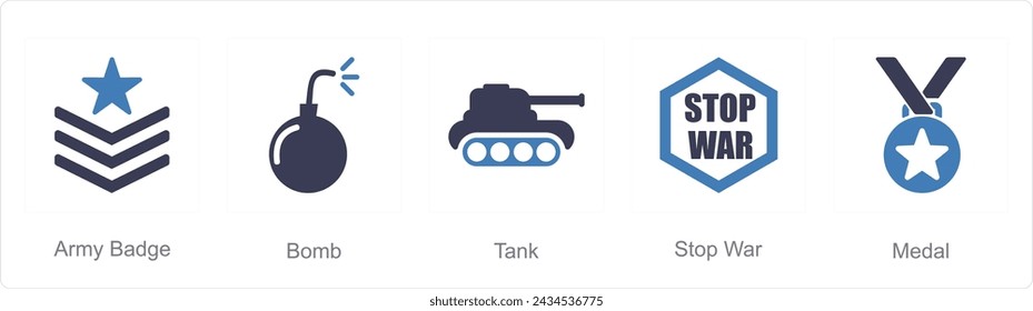 Un conjunto de 5 iconos de mezcla como insignia del ejército, bomba, tanque