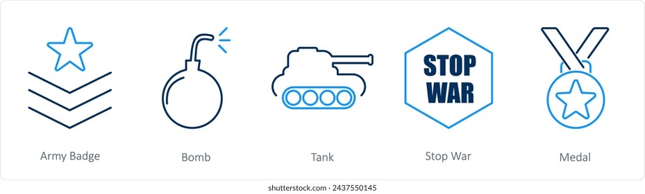 A set of 5 Mix icons as army badge, bomb, tank