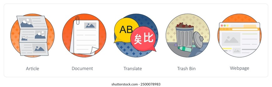 Ein Satz von 5 Mix-Icons als Artikel, Dokument, Übersetzung