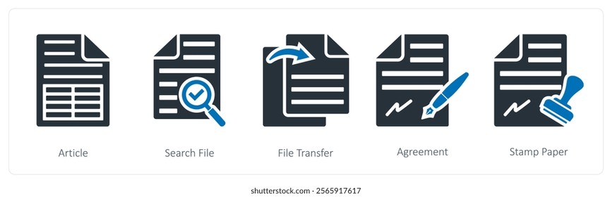 A set of 5 mix icons as article, search file, file transfer