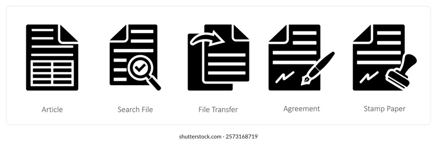 A set of 5 mix icons as article, search file, file transfer