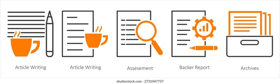 A set of 5 mix icons as article writing, assessment, backer report