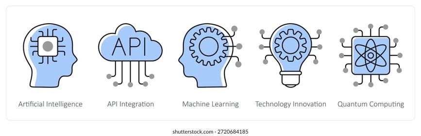 Un conjunto de 5 iconos de mezcla como inteligencia artificial, integración de API, aprendizaje automático en color gris