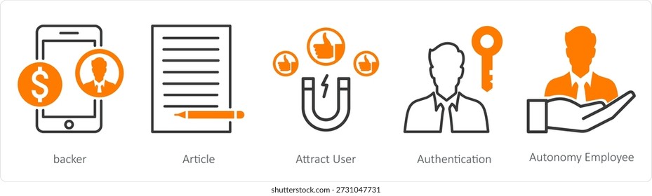 A set of 5 mix icons as backer, article, attract user