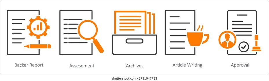 A set of 5 mix icons as backer report, assessment, archives