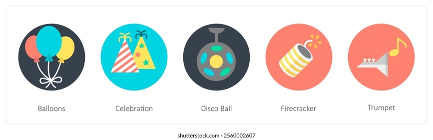 A set of 5 mix icons as balloons, celebration, disco ball