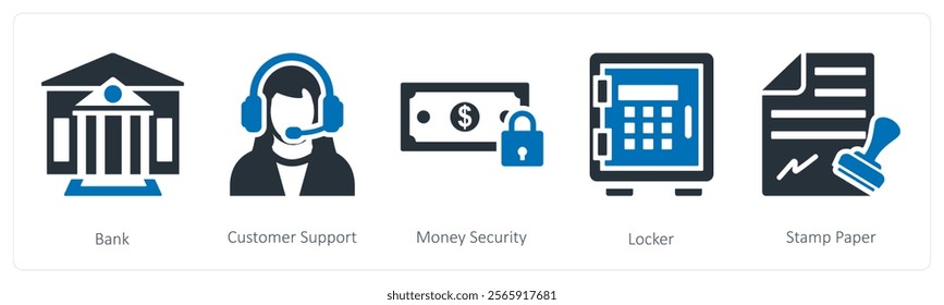 A set of 5 mix icons as bank, customer support, money security