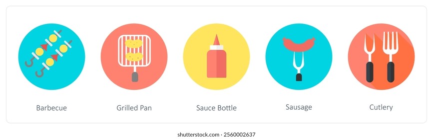 A set of 5 mix icons as barbecue, grilled pan, sauce bottle