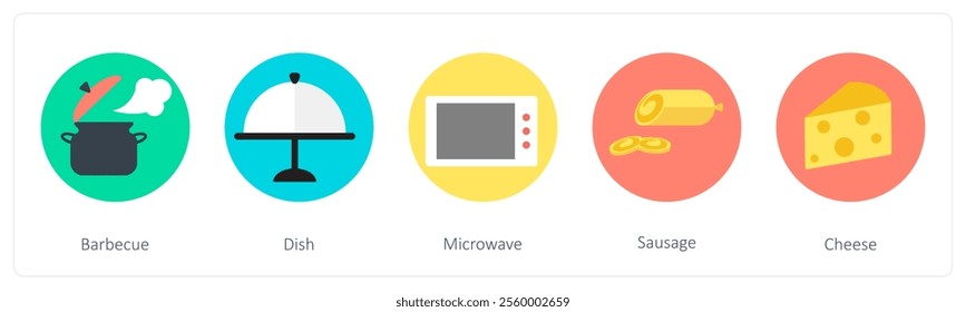 A set of 5 mix icons as barbecue, dish, microwave