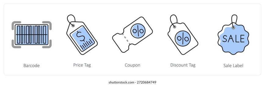 Ein Satz von 5 Mix-Icons als Barcode, Preisschild, Gutschein in grauer Farbe
