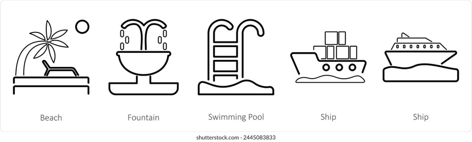 A set of 5 mix icons as beach, fountain, swimming pool