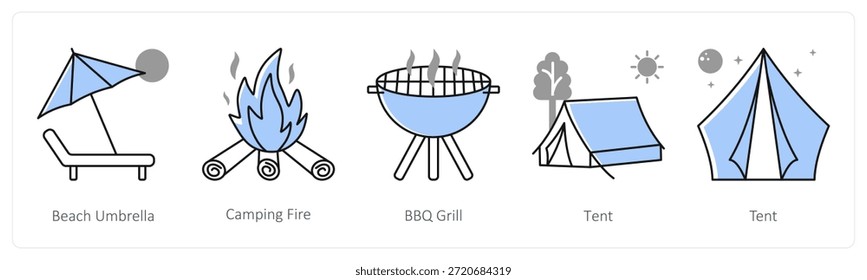 Un conjunto de 5 iconos de mezcla como sombrilla de playa, fuego de camping, parrilla de barbacoa en color gris