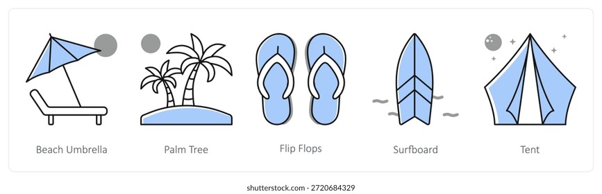 Ein Satz von 5 Mix-Icons als Sonnenschirm, Palme, Flip Flops in grauer Farbe