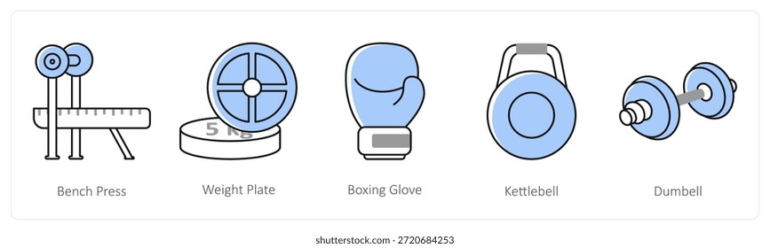 Un conjunto de 5 iconos de mezcla como prensa de banco, placa de peso, guante de boxeo en color gris