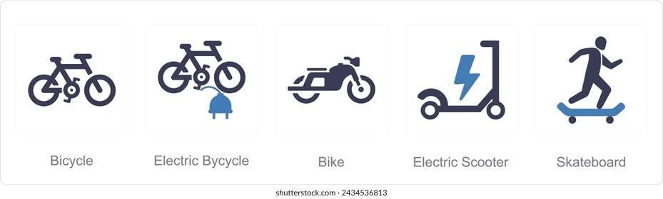 Un conjunto de 5 iconos de mezcla como bicicleta, bicicleta eléctrica, bicicleta