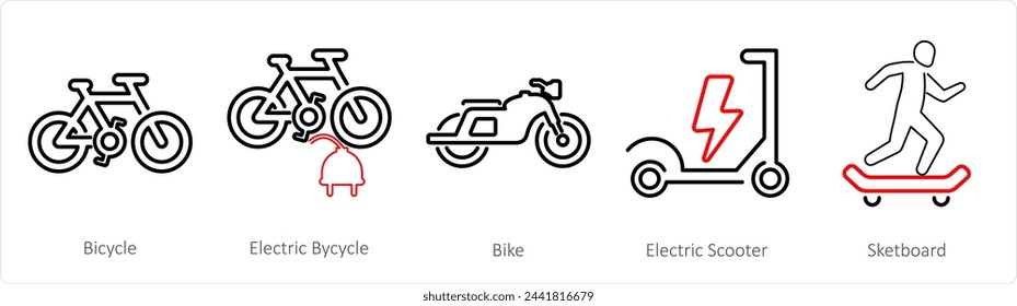 Un conjunto de 5 iconos de mezcla como bicicleta, bicicleta eléctrica, bicicleta