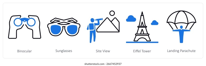Un conjunto de 5 iconos de la mezcla como binocular, gafas de sol, vista de montaña