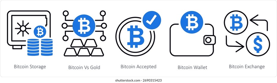 Ein Satz von 5 Mix-Icons als Bitcoin-Speicher, Bitcoin vs Gold, Bitcoin akzeptiert