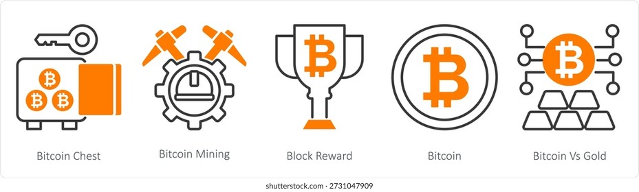 A set of 5 mix icons as bitcoin chest, bitcoin mining, block reward