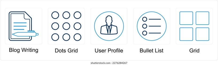 A set of 5 mix icons as blog writing, dots grid, user profile