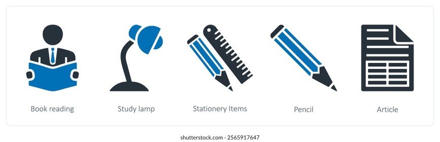 A set of 5 mix icons as book reading, study lamp, stationery ietms