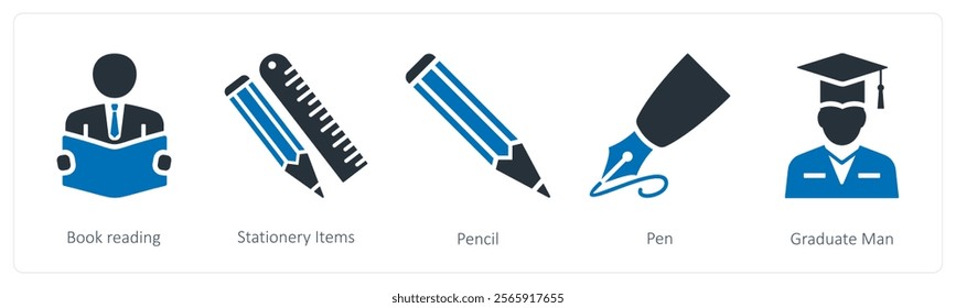 A set of 5 mix icons as book reading, stationery items, pencil