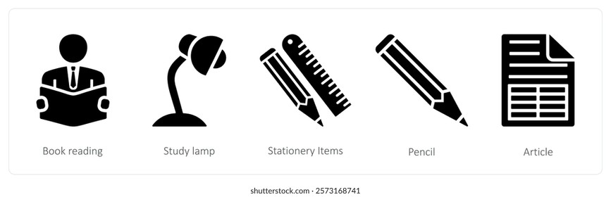 A set of 5 mix icons as book reading, study lamp, stationery ietms