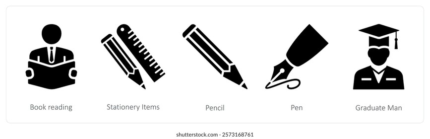 A set of 5 mix icons as book reading, stationery items, pencil