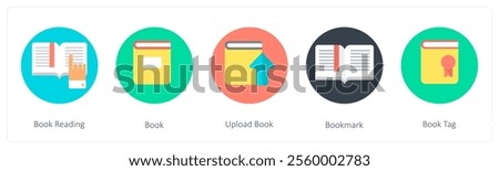 A set of 5 mix icons as book reading, book, upload book, bookmark