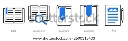 A set of 5 mix icons as book, book search, bookmark
