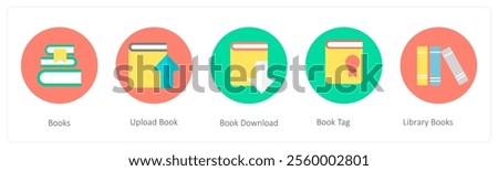 A set of 5 mix icons as books, upload book, book download