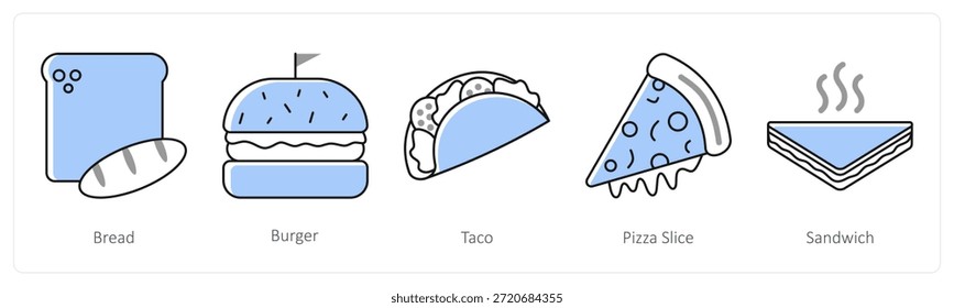 Ein Satz von 5 Mix-Icons als Brot, Burger, Taco in grauer Farbe