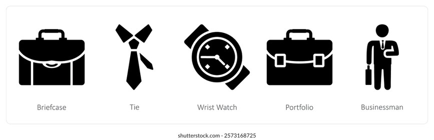 A set of 5 mix icons as briefcase, tie, wrist watch