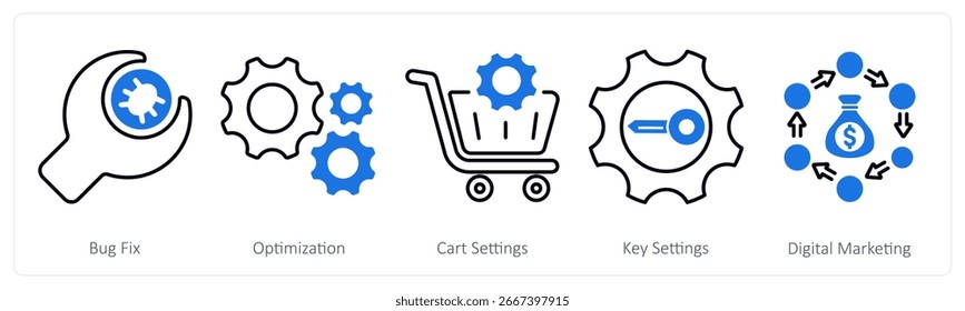 Um conjunto de 5 ícones mistos como correção de bug, otimização, configurações do carrinho