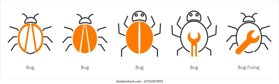 Um conjunto de 5 ícones de mistura como bug, bug fixing, insect