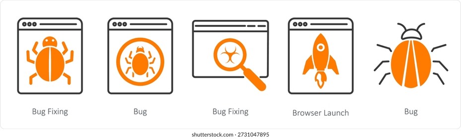 A set of 5 mix icons as bug fixing, bug, browser launch
