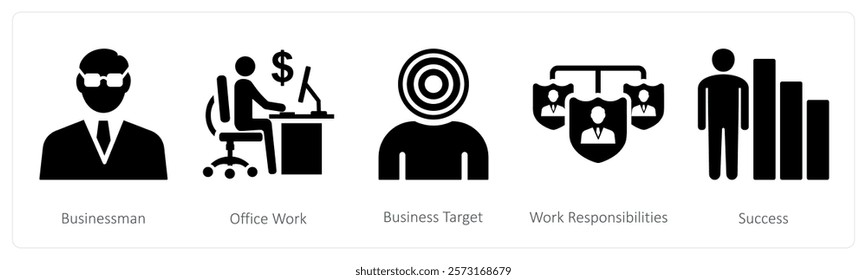 A set of 5 mix icons as businessman, office work, business target