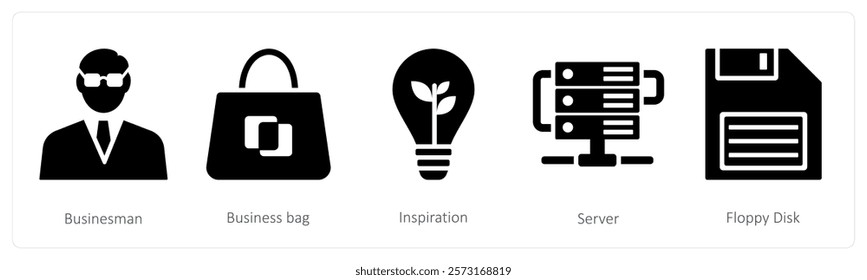 A set of 5 mix icons as businessman, business bag, inspiration