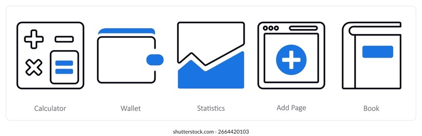A set of 5 mix icons as calculator, wallet, statistics