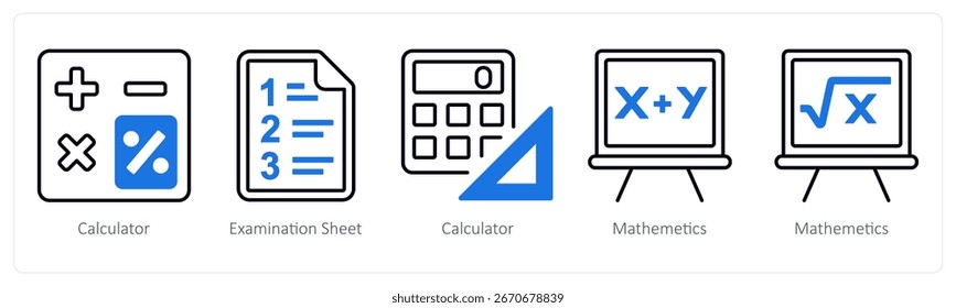 A set of 5 mix icons as calculator, examination sheet, mathematics