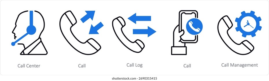 Um conjunto de 5 ícones mistos como call center, call center, registro de chamadas