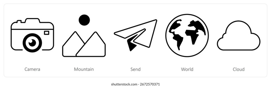 Un conjunto de 5 iconos de mezcla como cámara, montaña, enviar