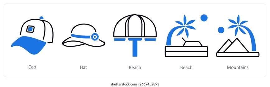 Un conjunto de 5 iconos de mezcla como gorra, sombrero, playa