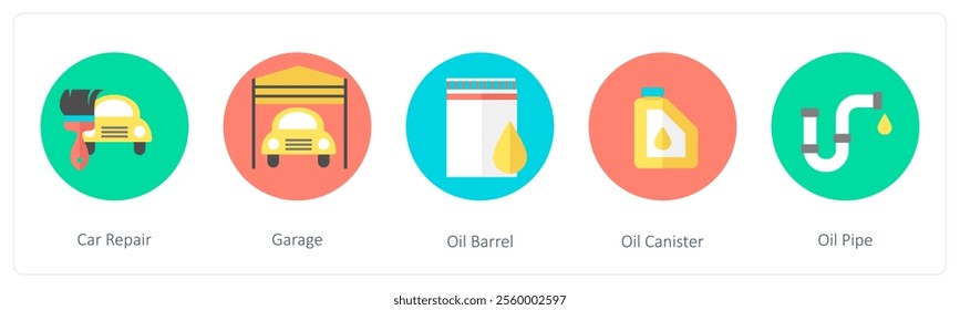 A set of 5 mix icons as car repair, garage, oil barrel