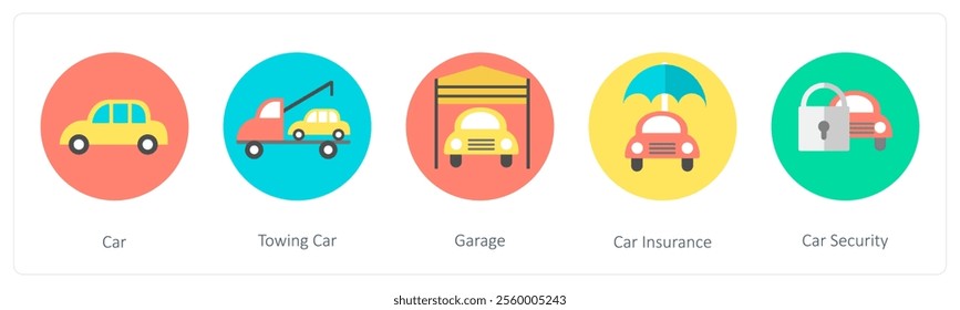 A set of 5 mix icons as car, towing car, garage